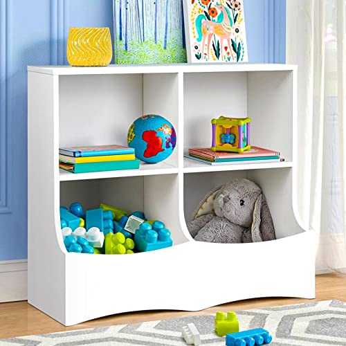 Toy Storage Organizer with Bookshelf Playroom Storage and Kids Bookcase for Books Toys 4 Cubby Toy Storage Cabinet for Kids Bedroom Living Room