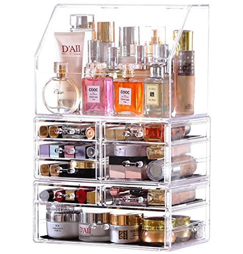 Cq acrylic Professional Makeup Organizer And Storage With Lid Dust Water Proof Cosmetics Display Case with 8 Drawers For Beauty Skincare Product OrganizingSet of 3