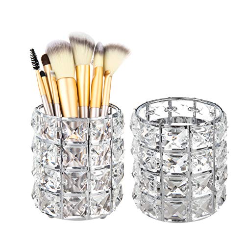Feyarl 2pcs Crystal Makeup Brush Holder Silver Bling Handcrafted Comb Brush Pen Pencil Holder Pot Cup Storage Cosmetic Tools Organizer Container Candle Holder for Valentine Gift Bedroom Dresser Office