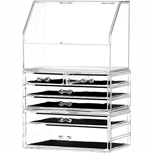 X Large Makeup Organizer With Lid For Bathroom Waterproof Dustproof Skin Care Cosmetic Display Cases Storage Box Make up Container Cube With 6 Drawers Clear Pack of 3 By Cq acrylic