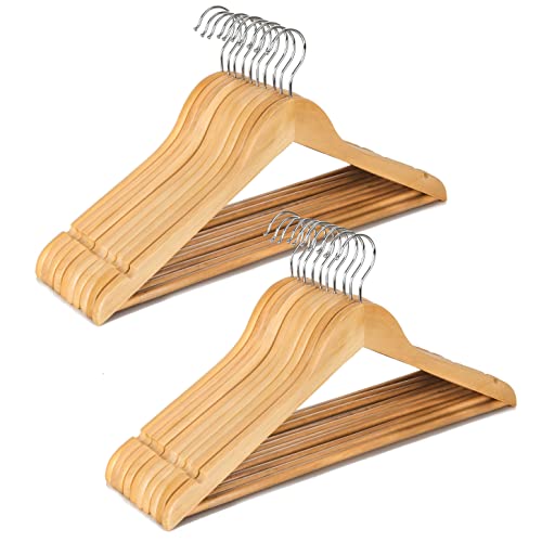 HUMIA Natural Wooden Suit Coat Hangers 30 Pack Solid Wood Clothes Hangers with Non Slip Pants Bar 360° Swivel Hook and Precisely Cut Notches for Jacket Pant Shirt Dress (Natural30)