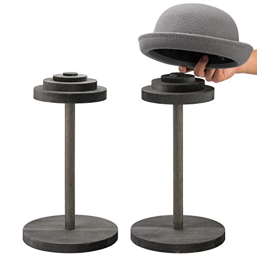 MyGift Vintage Gray Wood Hat Rack Stand Tabletop Hat Display Stand with Stacked Dome Wig Holder Stand Set of 2
