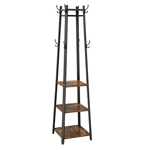 VASAGLE Coat Rack Hall Trees Free Standing with 3 Shelves and Hooks for Scarves Bags Umbrellas Steel Frame 169 x 169 x 709 Inches Rustic Brown