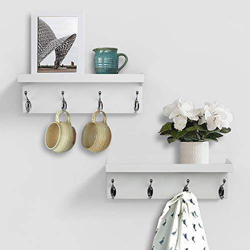 ZGZD White Wall Mounted Coat Rack with Shelf Entryway Hanging Shelves with 4 Double Hooks Set of 2