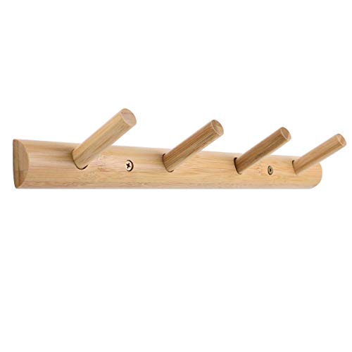 Homode Modern Bamboo Wooden Entryway Coat Hooks Bathroom Kitchen Towel Rack Wall Mounted Coat Rack Hat Hanger with 4 Hanging Pegs (Natural)