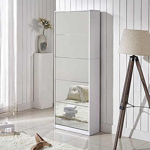 GLS Floor Standing Full Length Mirror Shoe Cabinet5 Tier Closet Shoe Organizers for Living RoomWhite