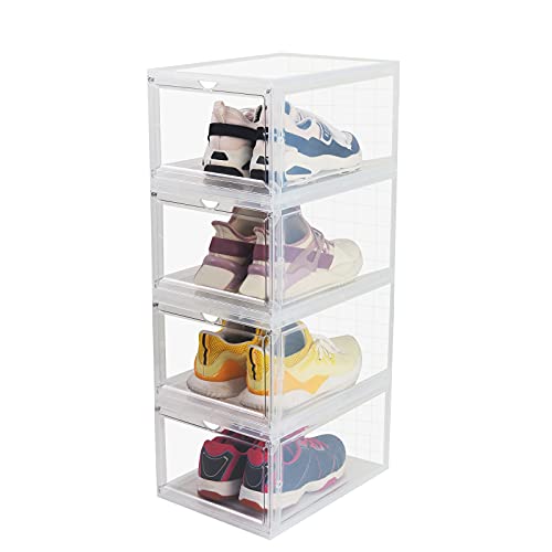 HIYOHIYO Shoe Boxes Clear Plastic Stackable Sneaker Containers Magnetic Shoes Storage Box Foldable Drop Front Organizer Shoes Cases for Home Display Bins Fit up to Size 12 (134x 98x 71) 4Pack (Clear)