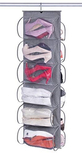 KEETDY 12 Large Clear Pockets Hanging Shoe Organizer Fabric Dual Sided Shoe Holder Rack for Closet Shelves with Roating Hanger for Storage Mens Shoes Women Handbags Kids Clothing Grey