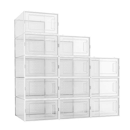 QualiapeX Shoe Storage Boxes Clear Plastic Stackable Shoe Organizer Foldable Storage Bins Shoe Container Box 12 Pack  White