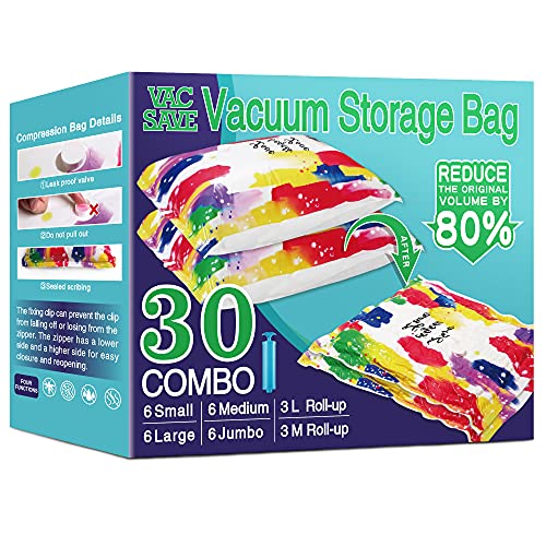 30 Pack Vacuum Storage Bags Space Saver Bags (6 Jumbo6 Large6 Medium6 Small6 Roll) with Hand Pump for Household Space Saving  Travel Organization