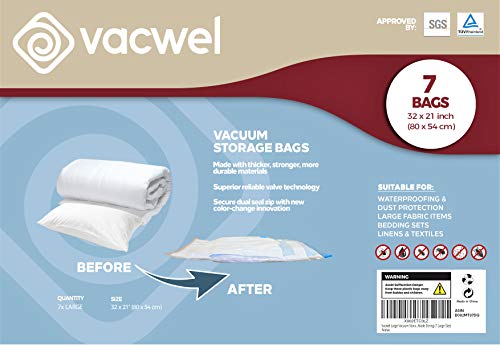 Vacwel Vacuum Storage Bags for Clothes Ziplock Space Saver Compression Bags to Shrink Clothes Cushions Pillows (Large Size)