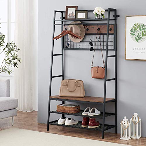 OK FURNITURE 5In1 Hall Tree with Storage Bench Entryway Storage Organizer 3Tier Coat Rack Shoe Bench with 11 Hooks and Hanging Rod Brown Finish