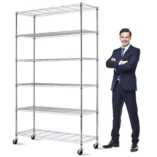 Storage Metal Shelf 6 Tier 82x48x18 Wire Shelving Unit with Wheels Sturdy Steel Layer Rack with Casters Heavy Duty for Restaurant Garage Pantry Kitchen SpaceSaving Overall Chrome Kitchen Rack