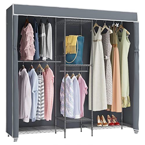 VIPEK V6C Wire Garment Rack 5 Tiers Heavy Duty Covered Clothes Rack Compact Wardrobe Closet Grey Metal Clothing Rack with Grey Oxford Fabric Cover 756 L x 185 W x 768 H Max Load 780 LBS