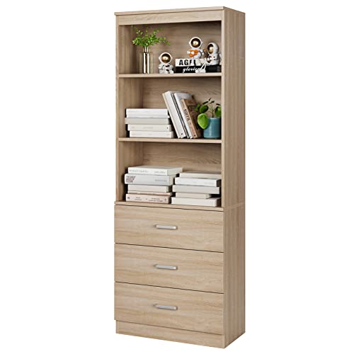 FOTOSOK 71 Inches Tall Storage Cabinet Bookcase with 3 Drawers and 3Tier Open Shelves Wooden Bookshelf Storage Organizer for Living Room Study Kitchen Home Office Oak