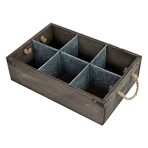 MyGift Rustic Wood Crate Caddy Barnwood Style Decorative Bottle Storage Box with Metal Dividers and Rope Handles Vintage Wine Crate