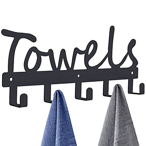 Towel Rack 5 Towel Hooks Wall Mount Towel Holder Black Metal Towel Racks Rustproof and Waterproof for Bathroom Storage Organizer Rack to Hang Your Bathroom Towels Robes Clothing (Black)