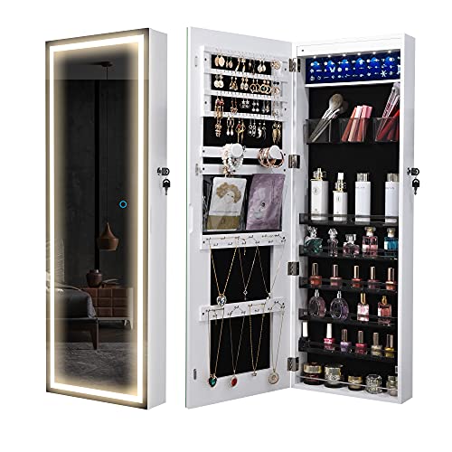 LVSOMT LED WallDoor Mounted Jewelry Cabinet Armoire Full Length Mirror with Lights Lockable Jewelry Storage Organizer Over the Door Hanging Cabinet Dressing Body Mirror White