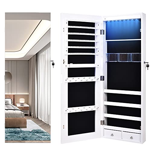 LVSOMT 8 LED Jewelry Organizer Cabinet with FullLength Body Mirror WallDoor Mounted  Free Standing Jewelry Armoire Storage Lockable with 2 Drawers 3 Adjustable Angles 145W x 425H (White)