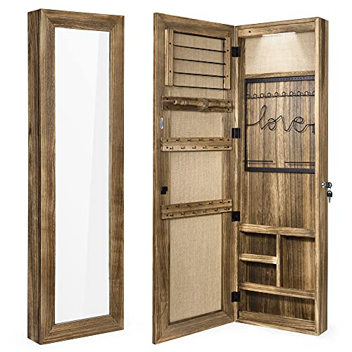 SRIWATANA Jewelry Armoire Cabinet Solid Wood Jewelry Organizer with Full Length Mirror WallDoor Mounted(Carbonized Black)
