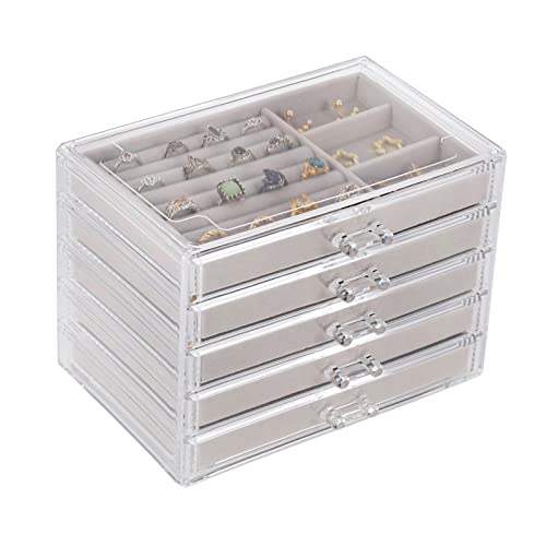 Cq acrylic Jewelry Organizer With 5 Drawers Clear Acrylic Jewelry Box Gift for Women Mens kids and Little girl Stackable Velvet Earring Display Holder for Earrings Ring Bracelet Necklace HolderGray
