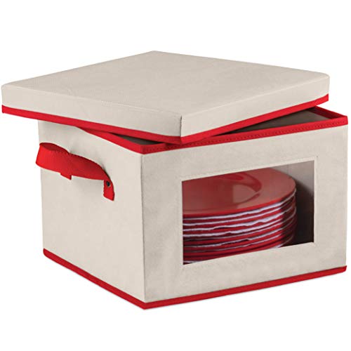 Christmas Dinnerware Storage Box with Lid and Handles Storage Bin for Dinner Plates Comes with Felt Protectors For Plates Features Clear Window For Easy Visibility China Case Holds  Service for 12