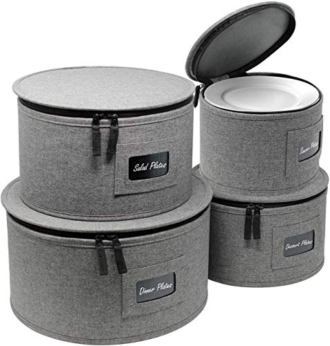 Sorbus China Dinnerware Storage Hard Shell Holders — Round Plate and Cup Separated Quilted Protection Felt Plates Protectors  4Piece Sturdy Set for Protecting Transporting Service for 12 (Gray)