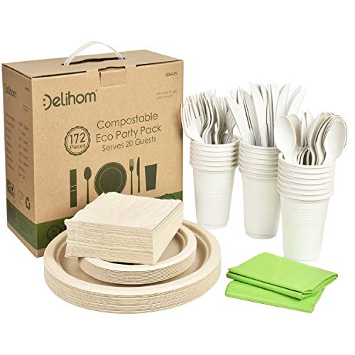 Delihom Biodegradable Dinnerware Set 172pcs Eco Friendly Party Supplies Includes Biodegradable Plates Napkins Cups Forks Knives and Spoons Compostable Picnic Disposable Set