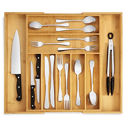 Premium Bamboo Silverware Organizer  Expandable Kitchen Drawer Organizer and Utensil Organizer Perfect Size Cutlery Tray with Drawer Dividers for Kitchen Utensils and Flatware (79 Slots) (Natural)