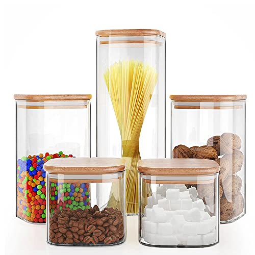 Glass Storage Jars Set of 5 Clear Glass Food Storage Containers with Airtight Bamboo Lid Stackable Kitchen Canisters for CandyCookieRiceSugarFlourPastaNuts and Spice Jars(Square)