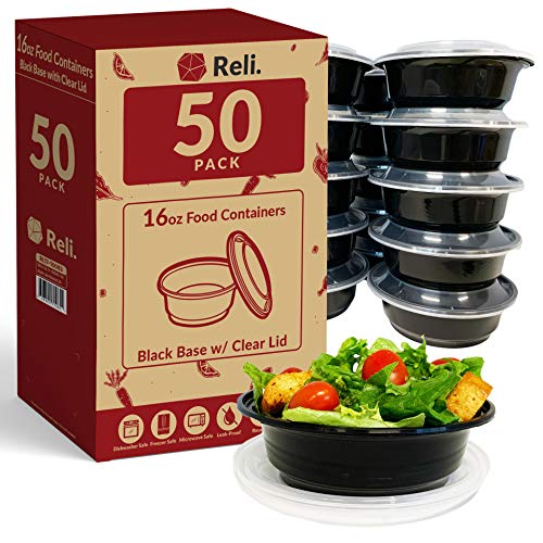 Reli Meal Prep Container Bowls 16 oz (50 Pack)  Reusable 16 oz Meal Prep BowlsFood Containers  Microwavable Bowls with Lids Black Food Storage Containers (Black)