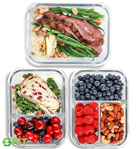 1  2  3 Compartment Glass Meal Prep Containers (3 Pack 35 oz)  Glass Food Storage Containers with Lids Glass Lunch Box Glass Bento Box Lunch Containers Portion Control Airtight