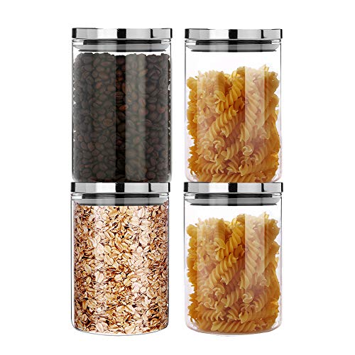 SIXAQUAE Glass Food Storage Containers Jar Stainless Steel Lids 4 Packs 1000ml Airtight Canister Organization Sets Stackable