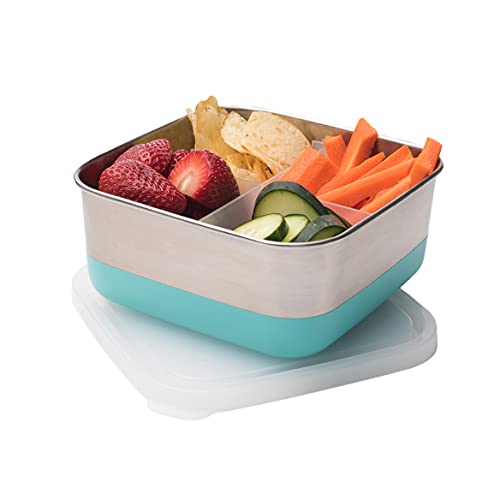 UKonserve Divided Square Stainless Steel Bento Box Lunch Food Storage Container 30oz  Clear Airtight Lid  Removable Divider  Dishwasher Safe  BPA Free  Aqua