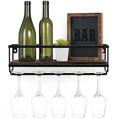 Mkono Wall Mounted Wine Shelf Wood Rustic Wine Bottle Glass Floating Rack with Stemware Hanger Modern Plants Photos Wine Display Storage Holder for Kitchen Dining Room Home Bar