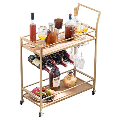 JBBCN Bar Cart for The Home Bar Serving Cart on Wheels with Wine Rack and Glass Holder Kitchen Living Room Storage Cart Wood Metal Material Golden Finish (2843 L x 1268 W x 357 H)