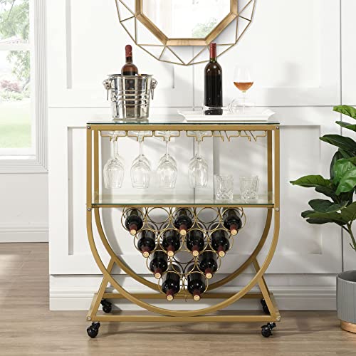 OK FURNITURE Glass Bar Cart with Wine Rack Bar Serving Cart on Wheels Kitchen Storage Cart for The Home Gold