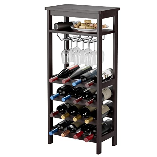 Bamboo Wine Rack Free Standing Wine Diplay Shelves with Glass Holder Rack Open Shelf  16 Bottles Holder WobbleFree Wine Bottle Organizer Shelf Wine Display Storage Stand for Kitchen Office Bar