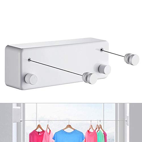 JOOM Retractable Clothesline Indoor Clothes Lines retracting  Heavy Duty for Drying Laundry line OutdoorWall Mounted Stainless Steel 138Feet Two line (Drill) (Whtie T)