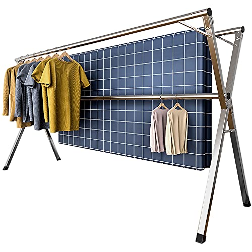 YACASA Clothes Drying Rack 79 inch Stainless Steel Laundry Drying Racks Foldable Adjustable Space Saving Garment Blanket Rack with Windproof Hooks