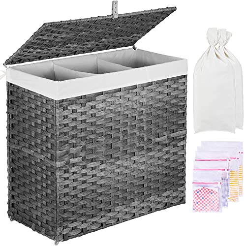 GREENSTELL Laundry Hamper with Lid 125L Large 3 Sections Clothes Hamper with 2 Removable Liner Bags  5 Mesh Laundry Bags Handwoven Synthetic Rattan Divided Laundry Basket for Clothes Toys Gray