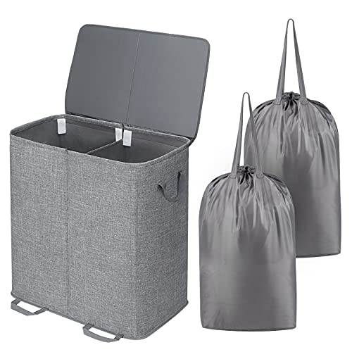 Lifewit Double Laundry Hamper with Lid and Removable Laundry Bags Large Collapsible 2 Dividers Dirty Clothes Basket with Handles for Bedroom Laundry Room Closet Bathroom College Grey