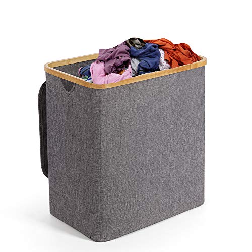 Laundry Basket Bamboo Laundry Hamper Collapsible Storage Basket Decorative Clothes Basket for Bedroom Laundry Room Closet Bathroom College Dorm 90L (Gray)