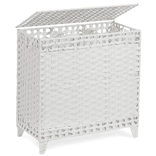 Laundry Hamper with 3 Removable Liner Bags 132L Handwoven Rattan Laundry Basket with Lid  Heightened Feet Clothes Hamper with Side Handles Laundry Sorter with 3 Separate Sections (White)