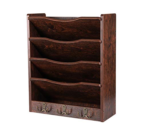 PAG 5Tier Wall File Holder Hanging Mail Organizer Wood Magazine Literature Rack with 6 Hooks Brown