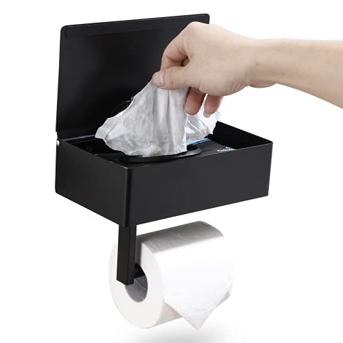 Day Moon Designs Matte Black Toilet Paper Holder with Shelf Flushable Wipes Dispenser and Storage for Bathroom  Keep Your Wipes Hidden Out of Sight  Stainless Steel Wall Mount  Large