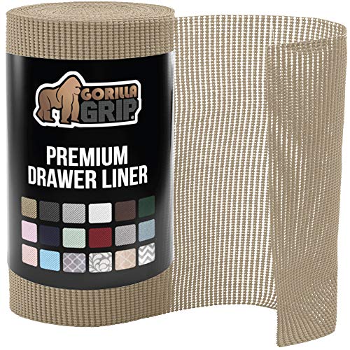 Gorilla Grip Drawer and Shelf Liner 12 in x 20 FT Durable Non Adhesive Pads Easy Install Mat Top Organization Liners for Kitchen Cabinets Drawers Cupboards Glass Bathroom Storage Shelves Beige