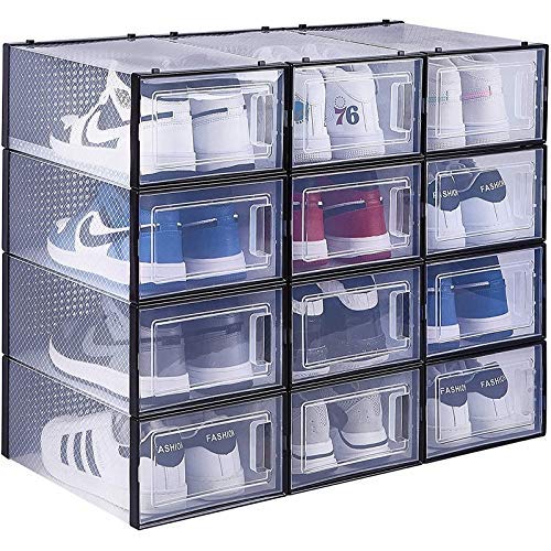 RISETEX 12 Pack Shoe Boxes Clear Plastic StackableShoe Storage Containers with Lids for Shoe Organizer BinsEasy to Assemble  Waterproof Shoe Case for Mens Women Kids ShoesOrganizador De ZapatosShoe Cubby