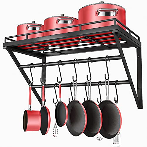 OROPY 23 Inch Wall Mounted Pot Rack Storage Shelf with 2 Tier Hanging Rails 12 S Hooks included Ideal for Pans Utensils Cookware Plant Black