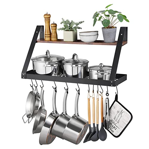 KES 30Inch Pot Rack for Kitchen with Wooden Shelf Hanging Pan Rack Wall Mounted Pot and Pan Organizer with 10 Hooks Matte Black KUR503S75BK